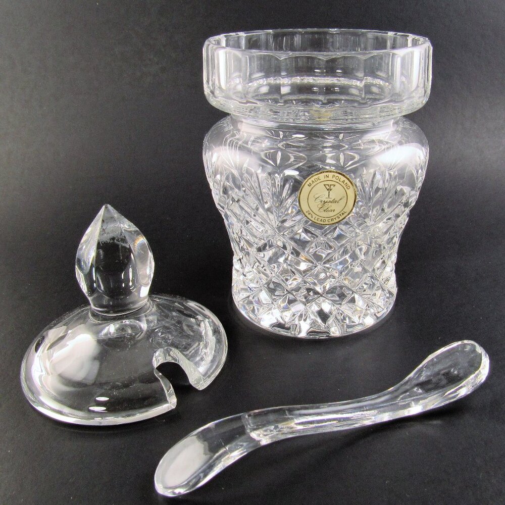 Vintage Crystal Cut Glass Lidded Jar & Spoon Sugar Jelly Olive Mustard Poland